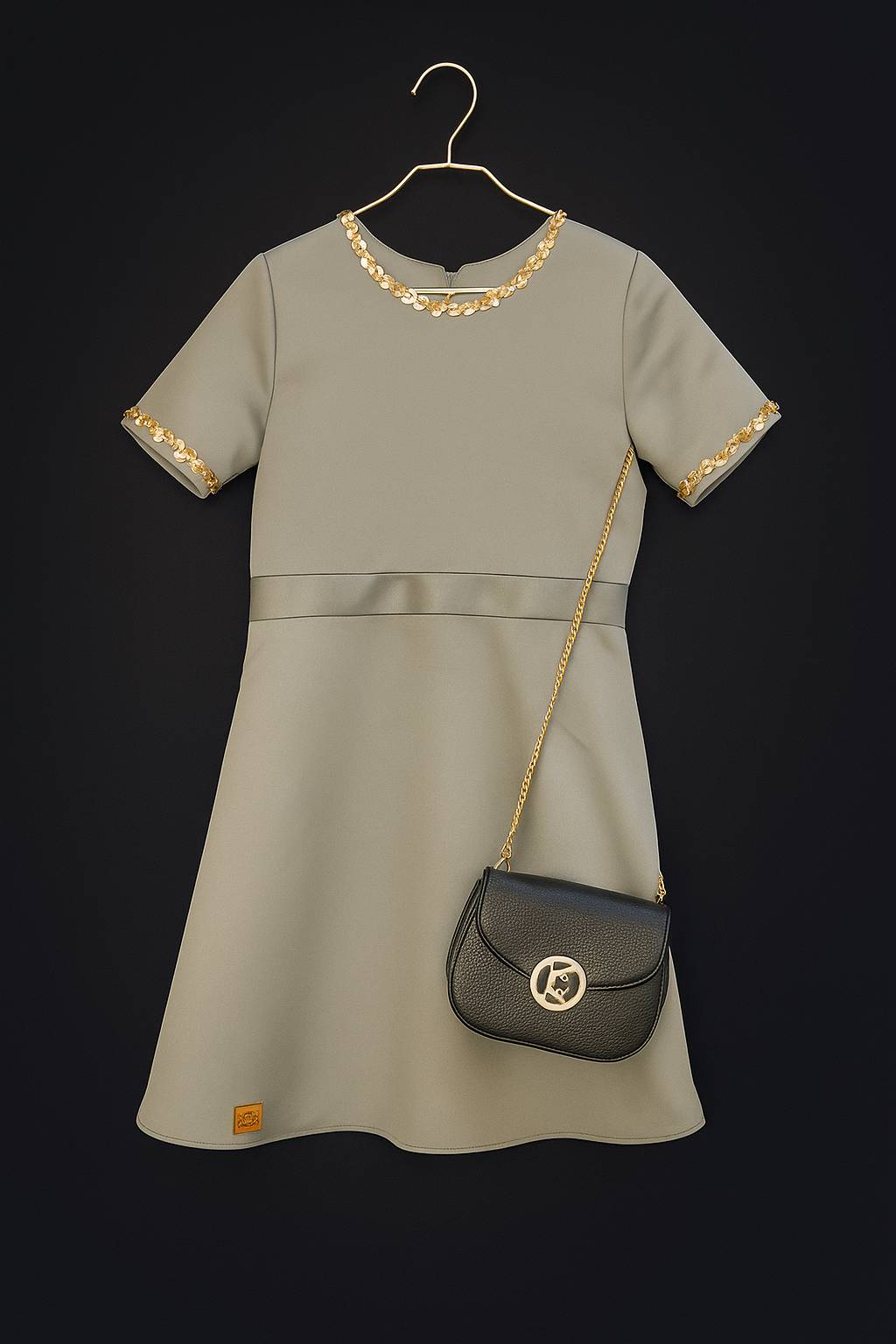 پیراهن سبز رنگ نوار جواهر دوزی دور یقه و دور استین